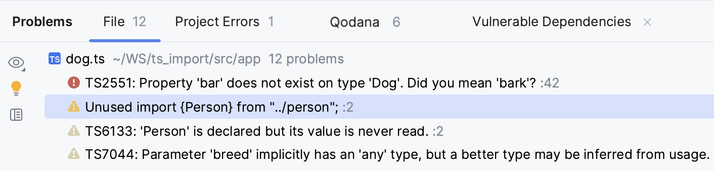 Problems tool window, TypeScript. Current File tab shows syntax errors from the file in the active editor tab