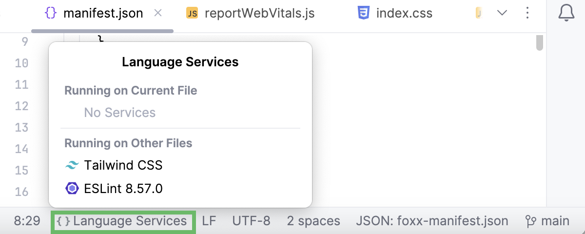 Status bar: Language Services widget Status bar: Language Services widget