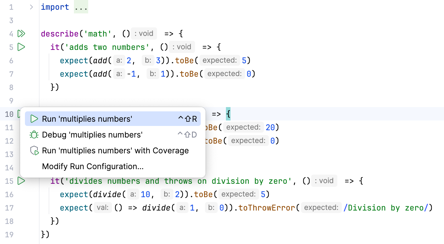 Run one Vitest test from the editor Run one Vitest test from the editor