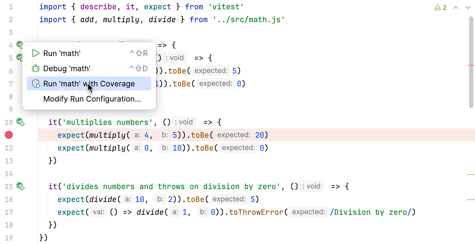 Run Vitest tests with coverage from the editor Run Vitest tests with coverage from the editor