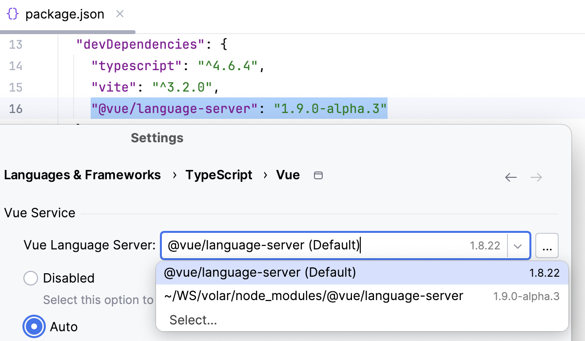 Select a custom Vue Language Server Select a custom Vue Language Server