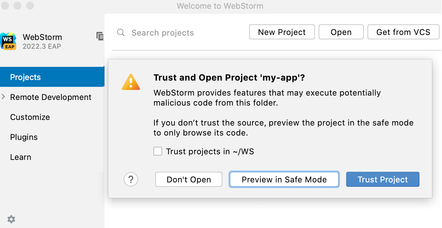 Untrusted project warning Untrusted project warning