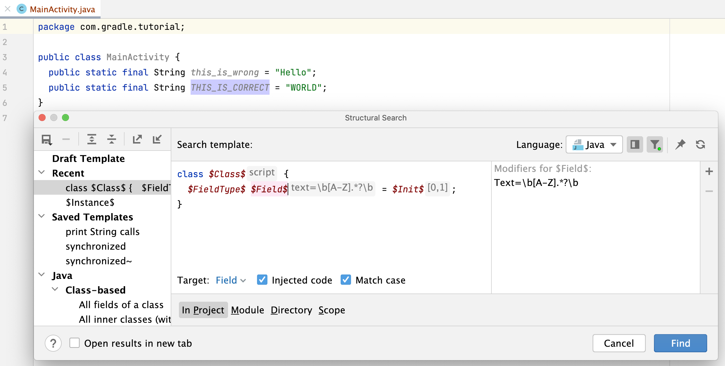 Add a regular expression in the filter dialog