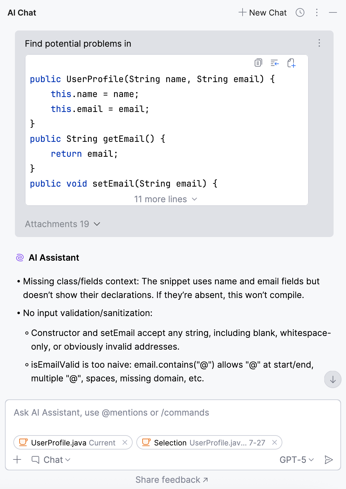 AI Assistant finds potential problems in the selected code AI Assistant finds potential problems in the selected code