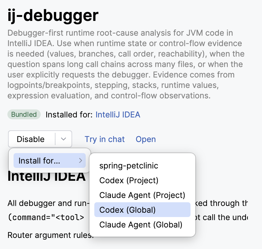 Install the ij-debugger skill for an external client