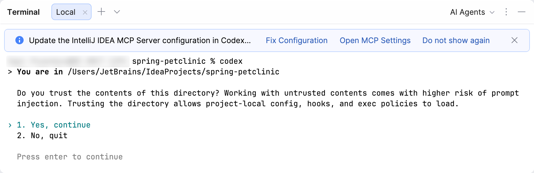 A suggestion to update the MCP Server configuration in terminal A suggestion to update the MCP Server configuration in terminal