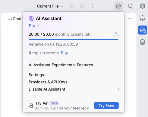 JetBrains AI widget popup with the Try Air section and the Try Now button displayed below the AI Assistant options JetBrains AI widget popup with the Try Air section and the Try Now button displayed below the AI Assistant options