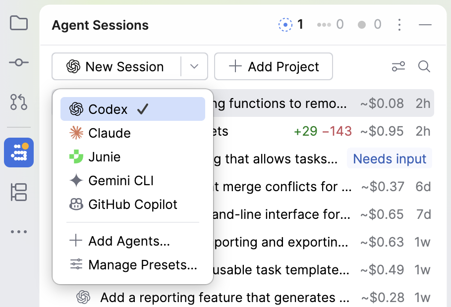 Agent Sessions tool window with the list next to New Session expanded, showing the available presets with the current one selected. Agent Sessions tool window with the list next to New Session expanded, showing the available presets with the current one selected.