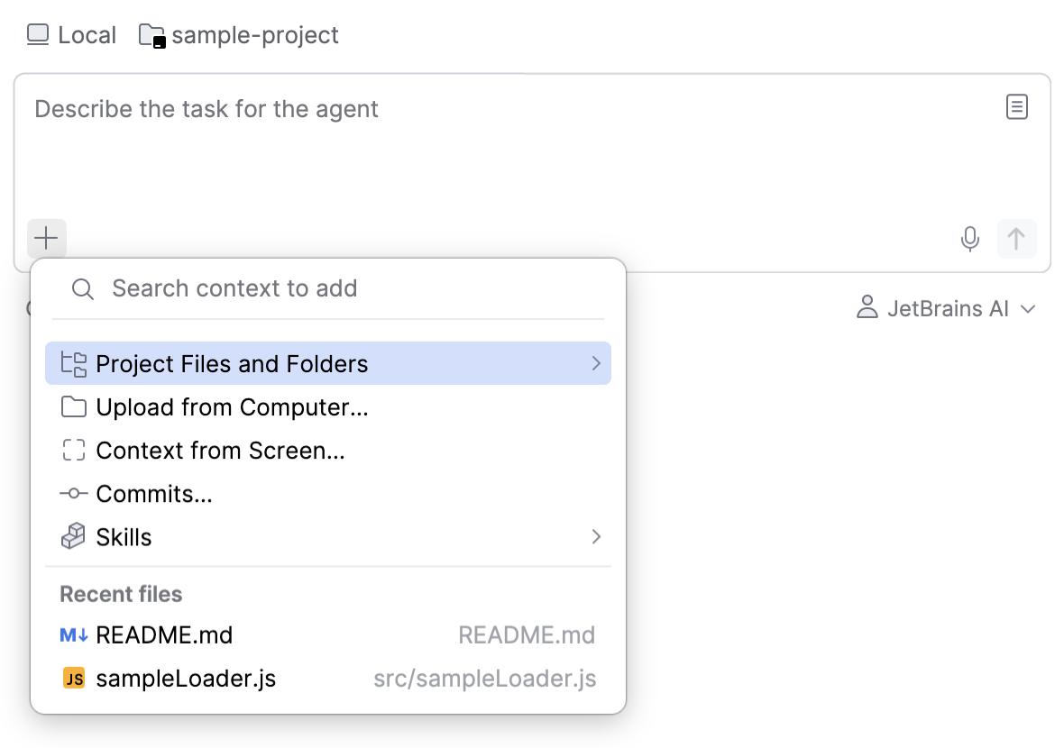 Context picker listing Project Files and Folders, Upload from Computer, Context from Screen, Commits, and Skills, plus a list of recent files. Context picker listing Project Files and Folders, Upload from Computer, Context from Screen, Commits, and Skills, plus a list of recent files.