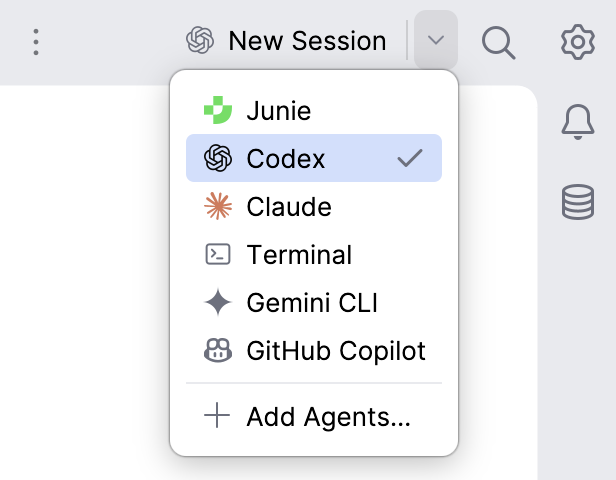 Agent widget menu in the main toolbar listing the presets and agent defaults available for a new session, and the Add Agents item. Agent widget menu in the main toolbar listing the presets and agent defaults available for a new session, and the Add Agents item.