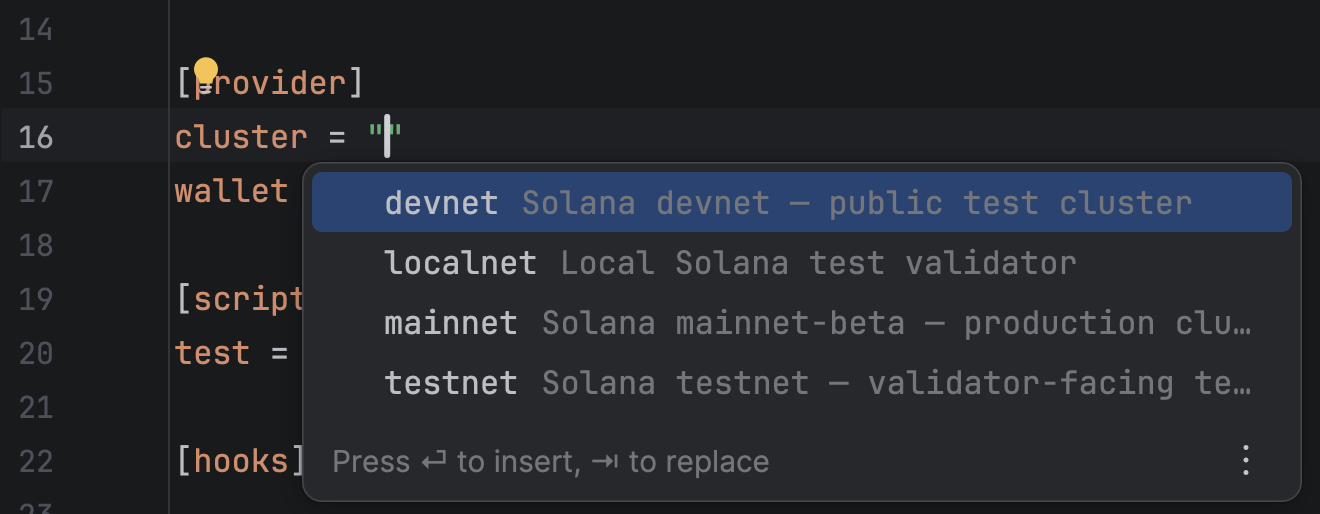 Anchor.toml completion for standard Solana cluster values Anchor.toml completion for standard Solana cluster values