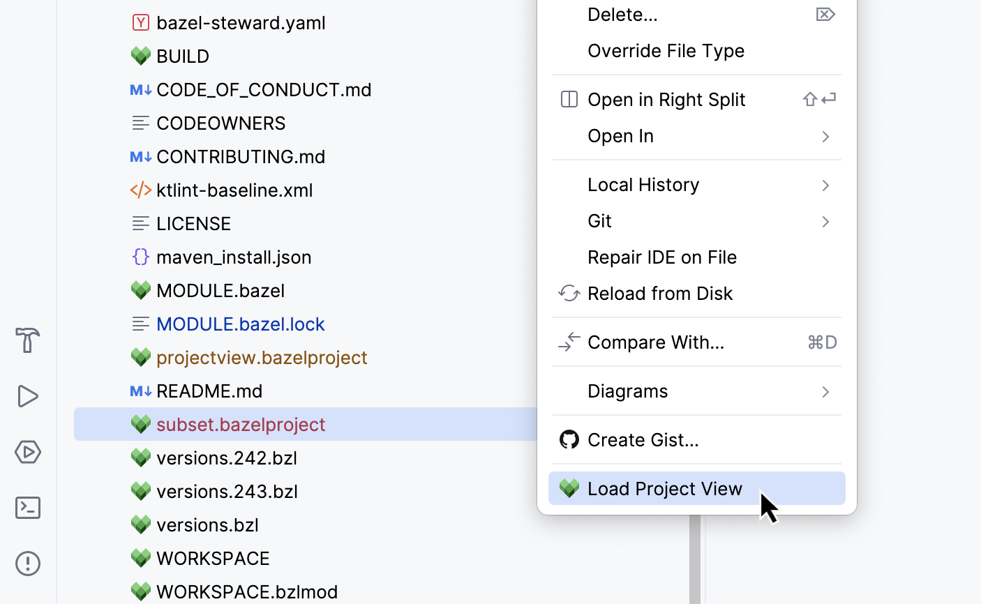 Project 工具窗口中 .bazelproject 文件的上下文菜单
