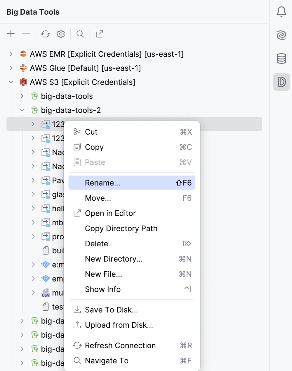 在 Big Data Tools 工具窗口中的上下文菜单 在 Big Data Tools 工具窗口中的上下文菜单
