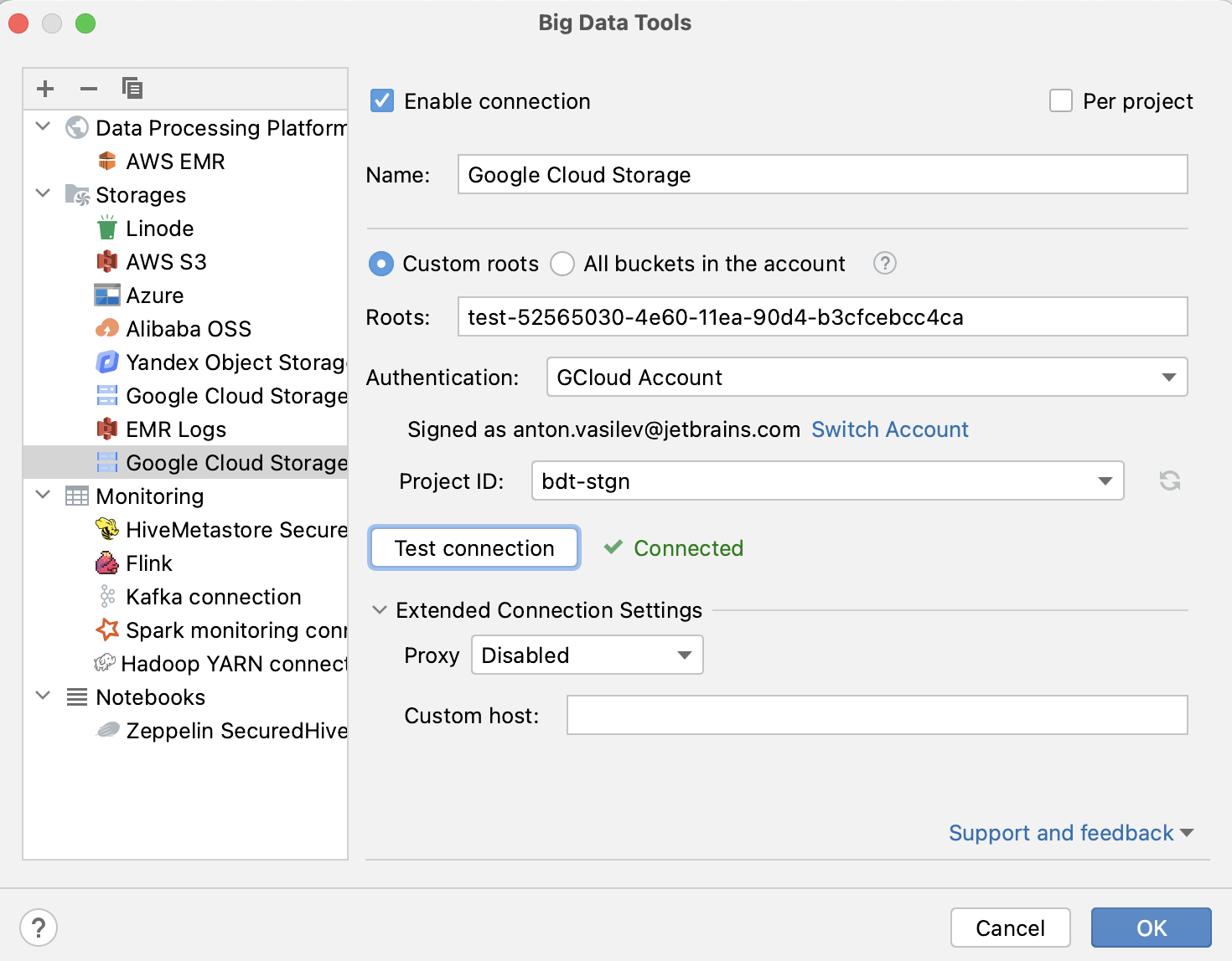 Google Cloud Storage 的连接设置 Google Cloud Storage 的连接设置