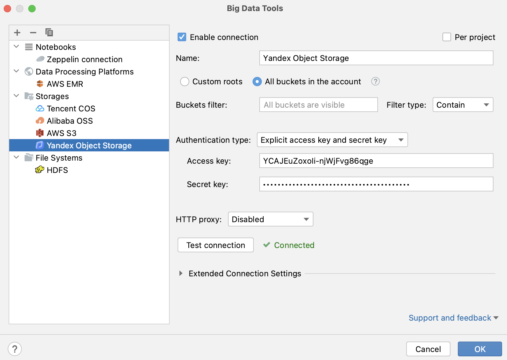 Yandex Object Storage 的连接设置 Yandex Object Storage 的连接设置