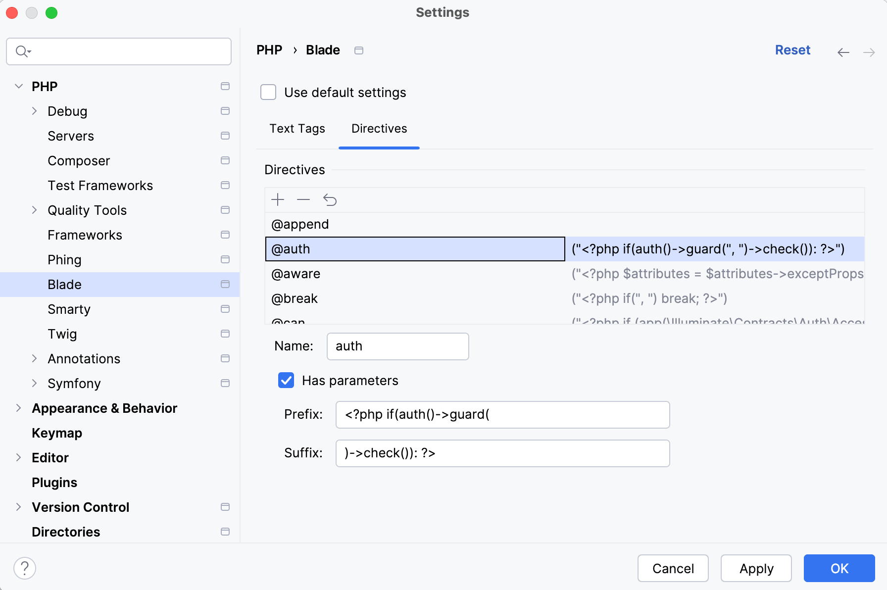 Blade directives settings Blade directives settings