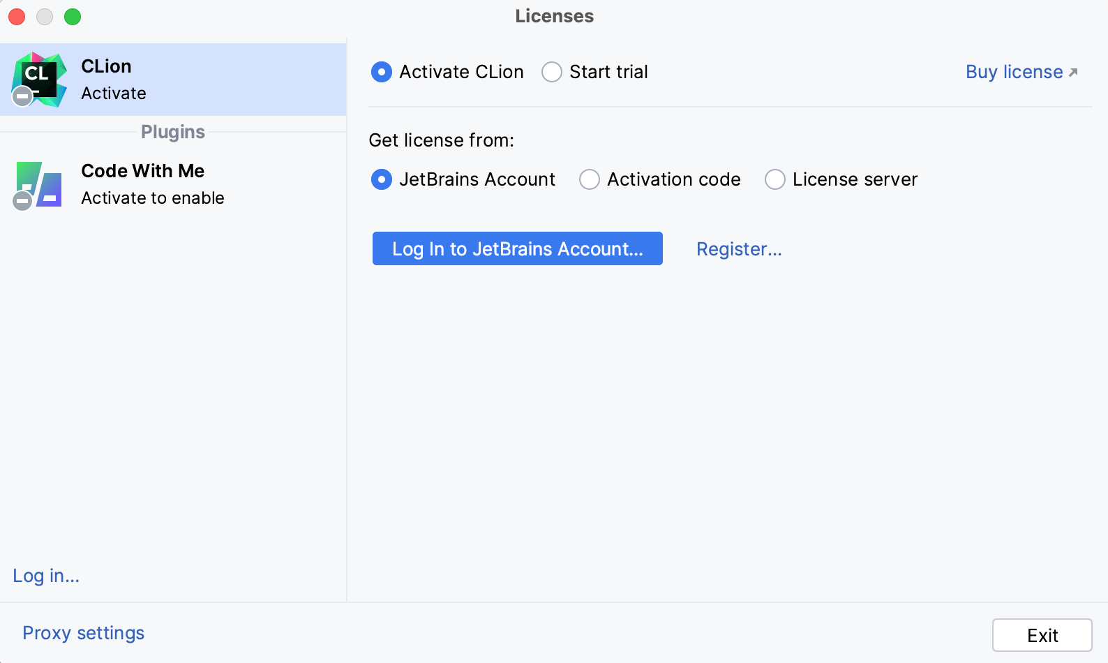 使用 JB 帐号激活 CLion 许可证