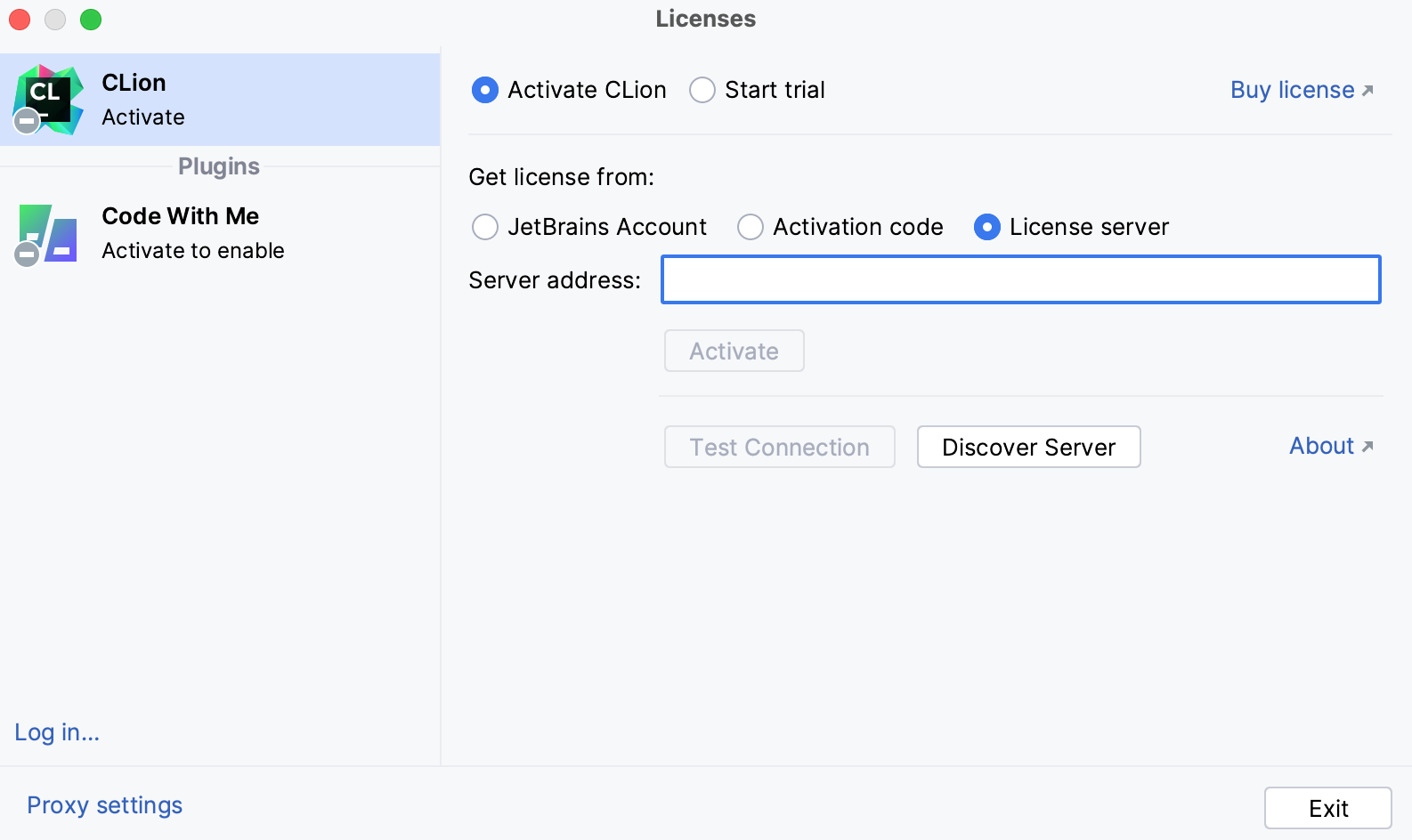 使用许可证服务器激活 CLion 许可证