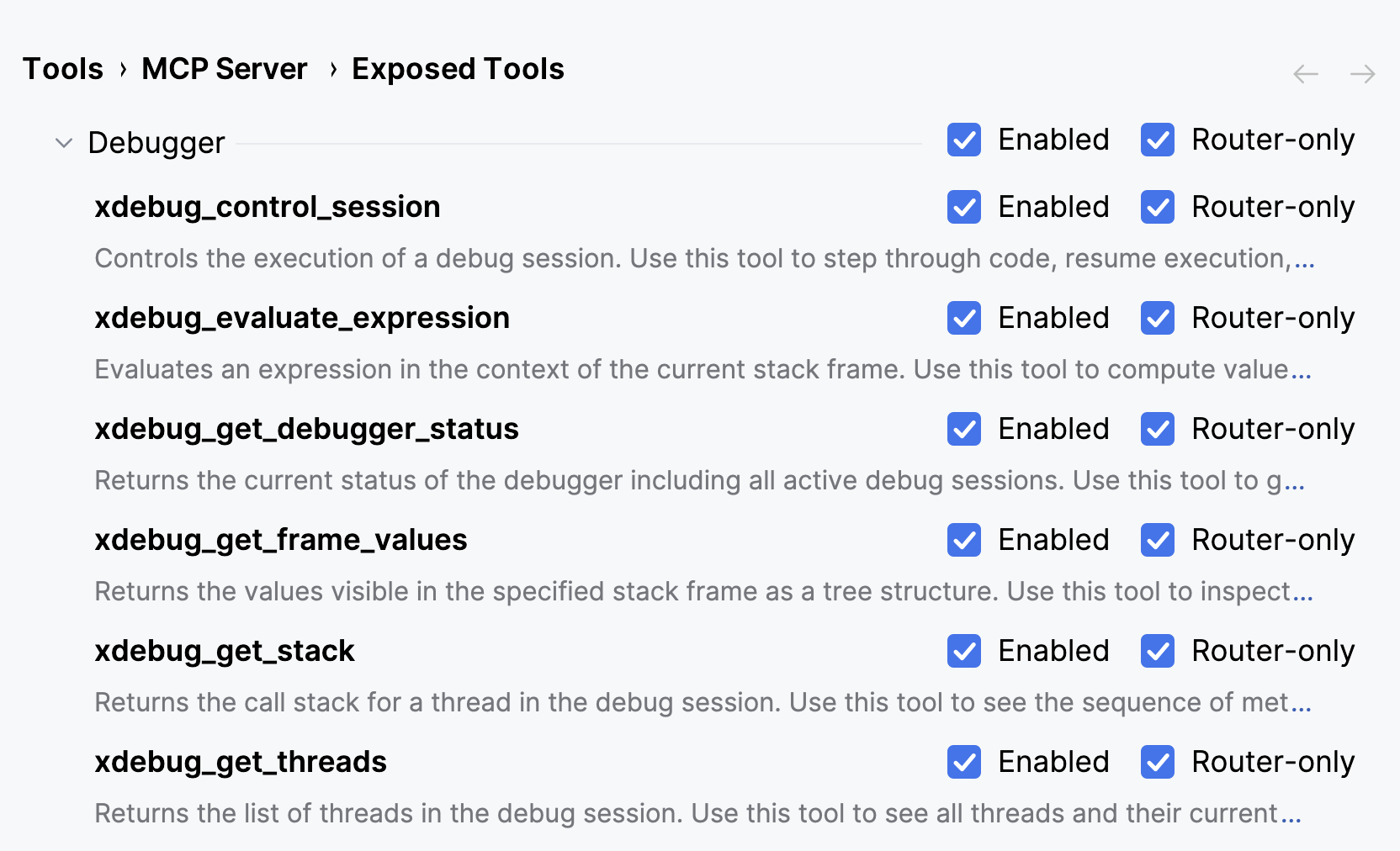 Exposed Tools settings for MCP Server showing debugger tools with Enabled and Router-only checkboxes selected in IntelliJ&nbsp;IDEA.