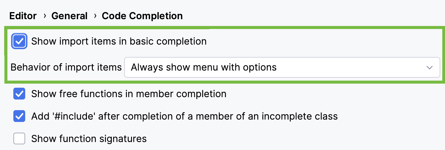 Auto-import completion settings