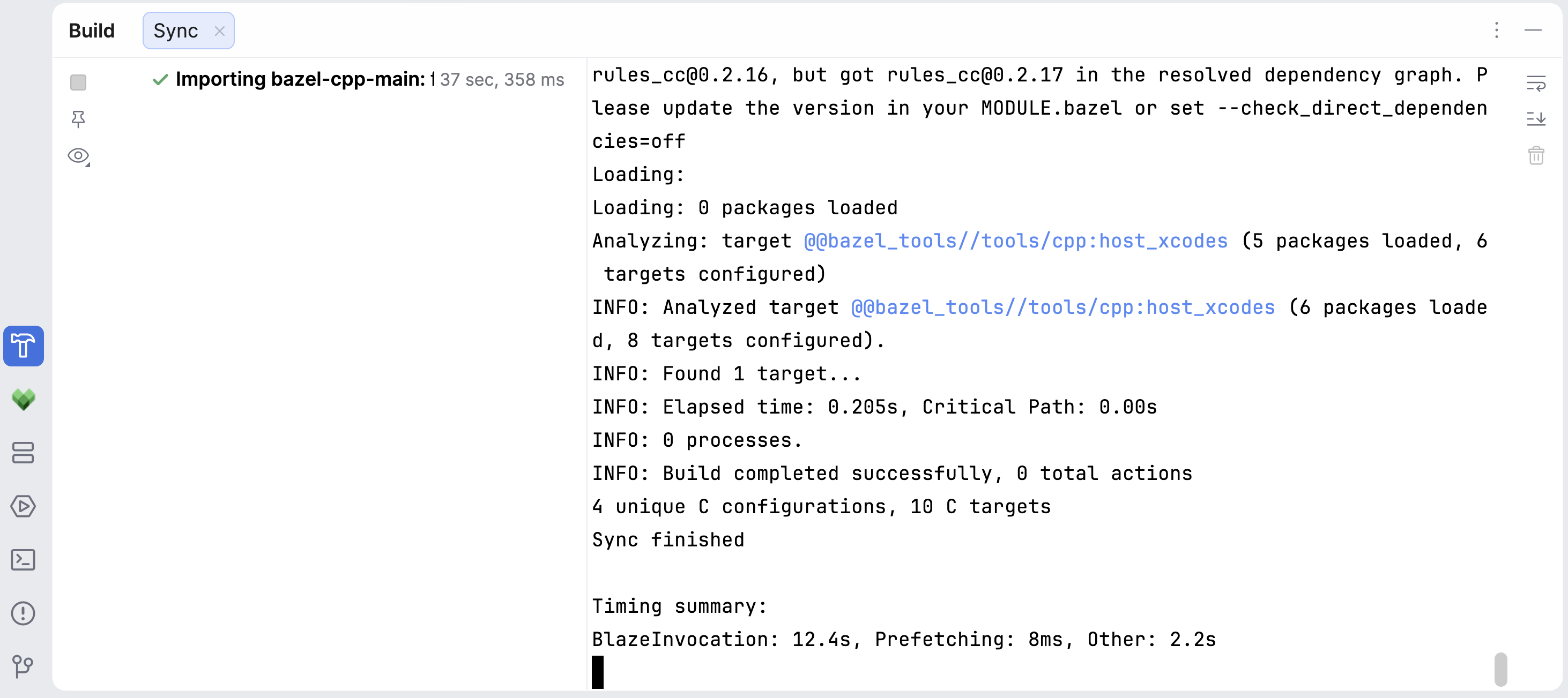 The Build tool window in the process of a Bazel project sync The Build tool window in the process of a Bazel project sync
