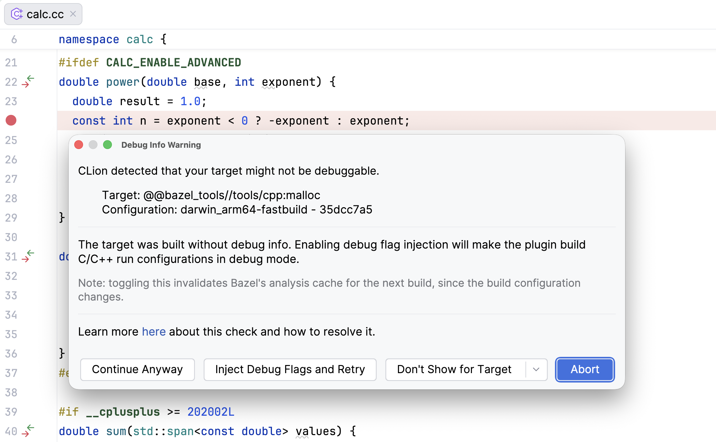 A Debug Info Warning dialog that appears after launching a session A Debug Info Warning dialog that appears after launching a session