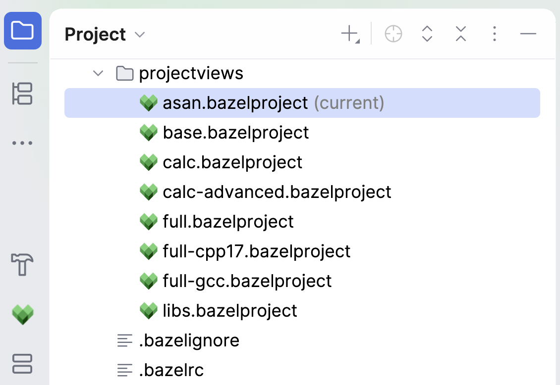 An active .bazelproject file marked as current in the Project tool window An active .bazelproject file marked as current in the Project tool window