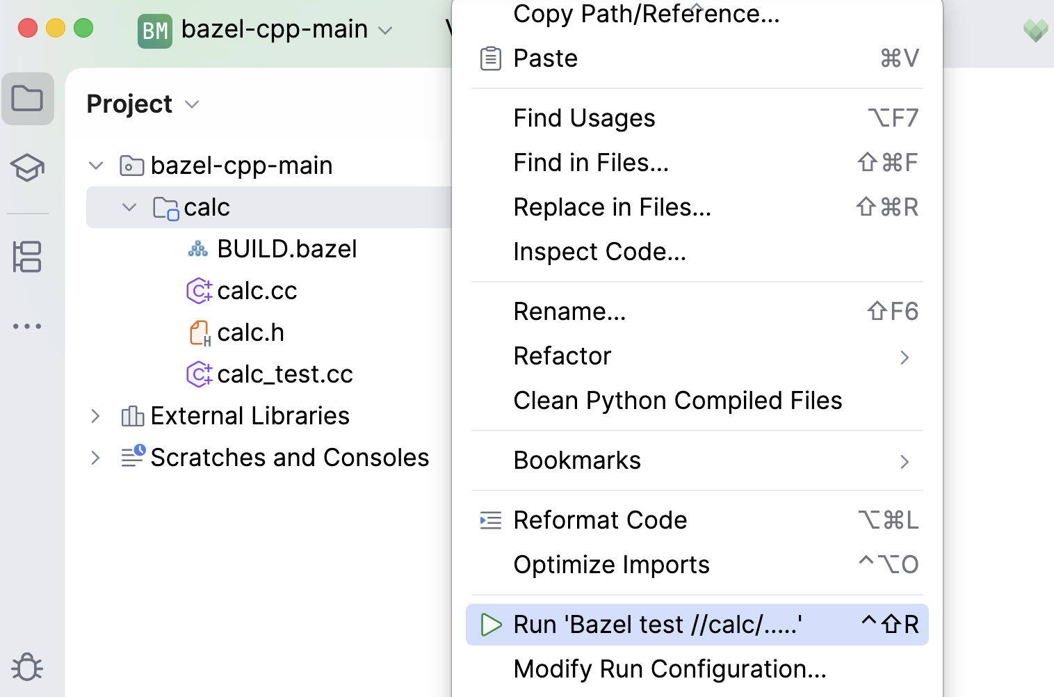 The context menu of a directory in the Project tool window with the Run action for the corresponding Bazel test target The context menu of a directory in the Project tool window with the Run action for the corresponding Bazel test target