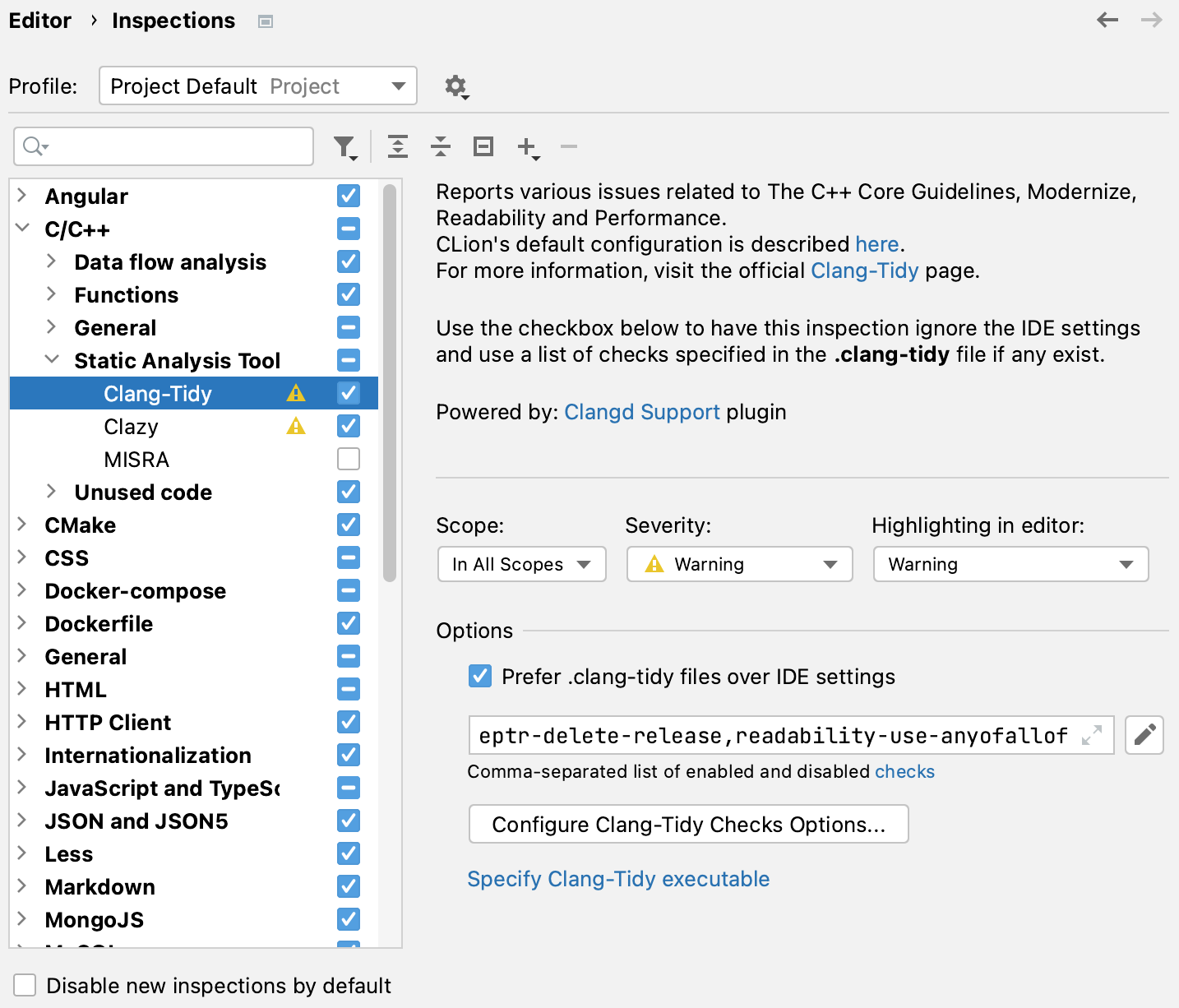 Settings for Clang-Tidy checks Settings for Clang-Tidy checks