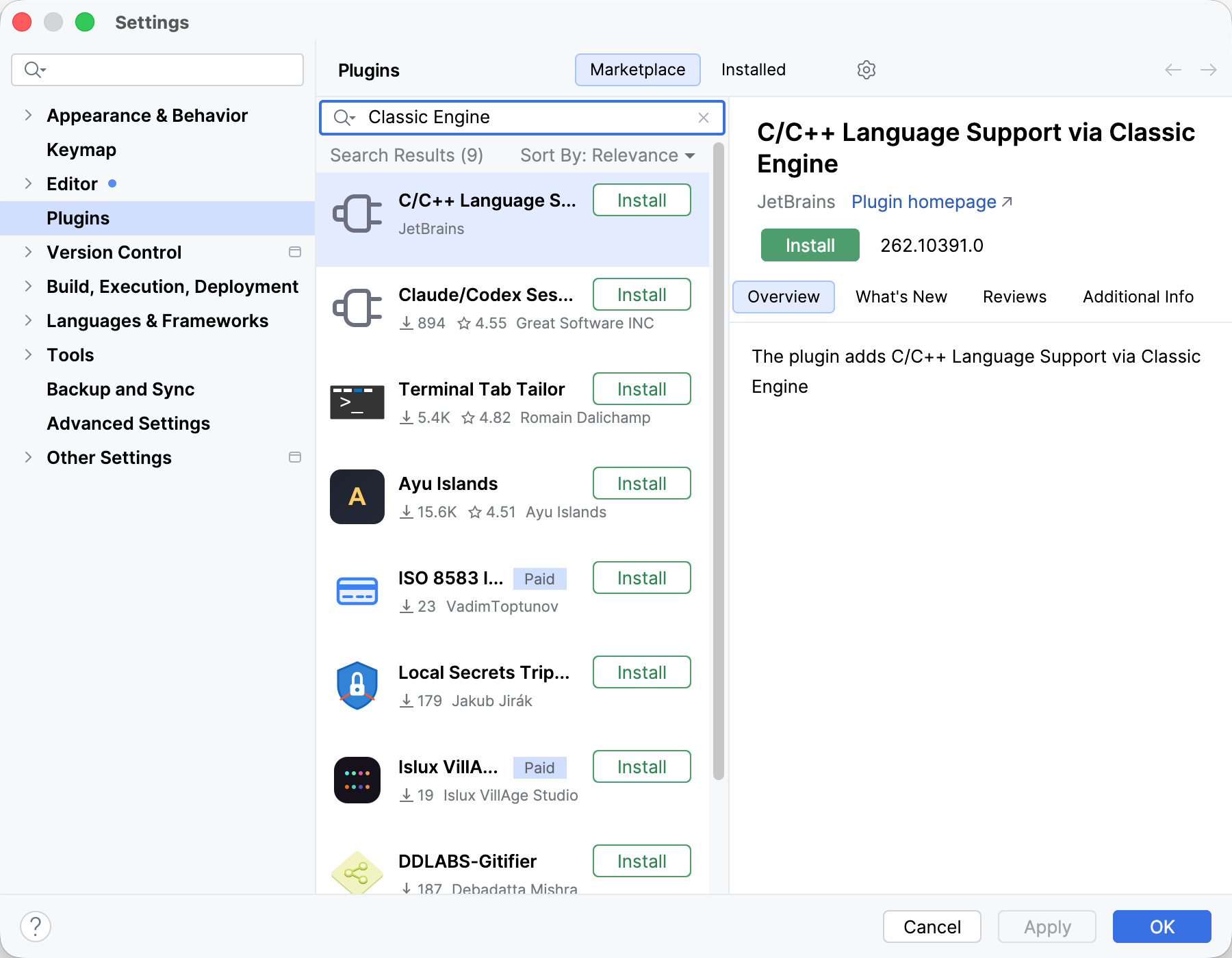 Plugins page of the Settings dialog with the Marketplace tab open and the C/C++ Language Support via Classic Engine plugin selected. Plugins page of the Settings dialog with the Marketplace tab open and the C/C++ Language Support via Classic Engine plugin selected.