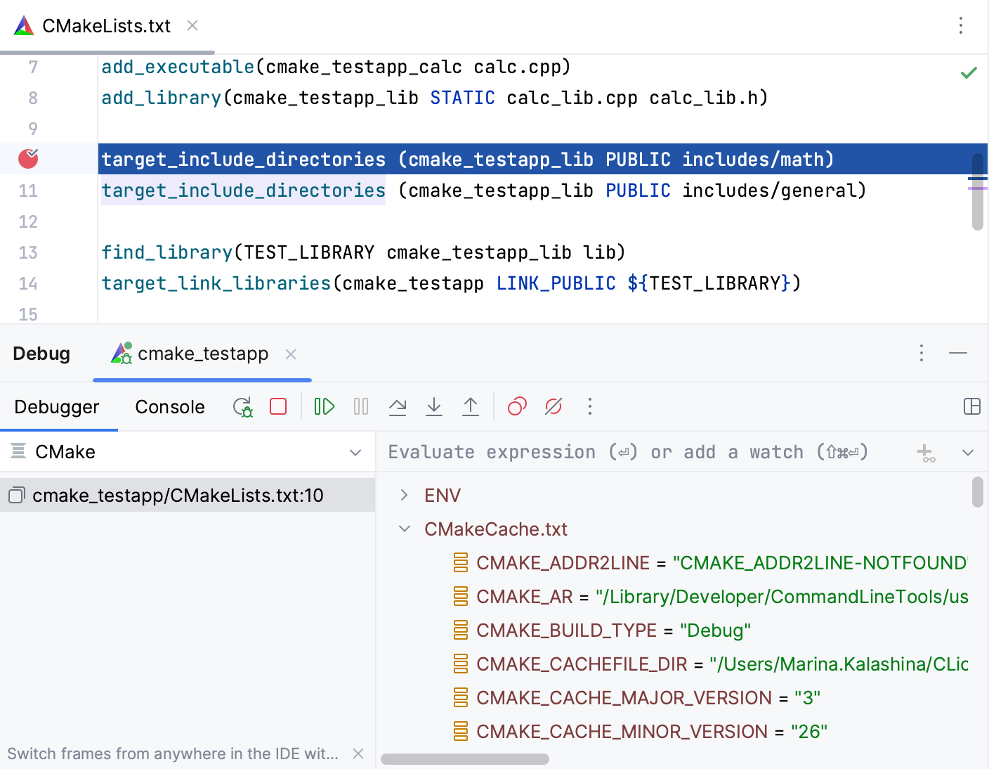 CMake debug session CMake debug session