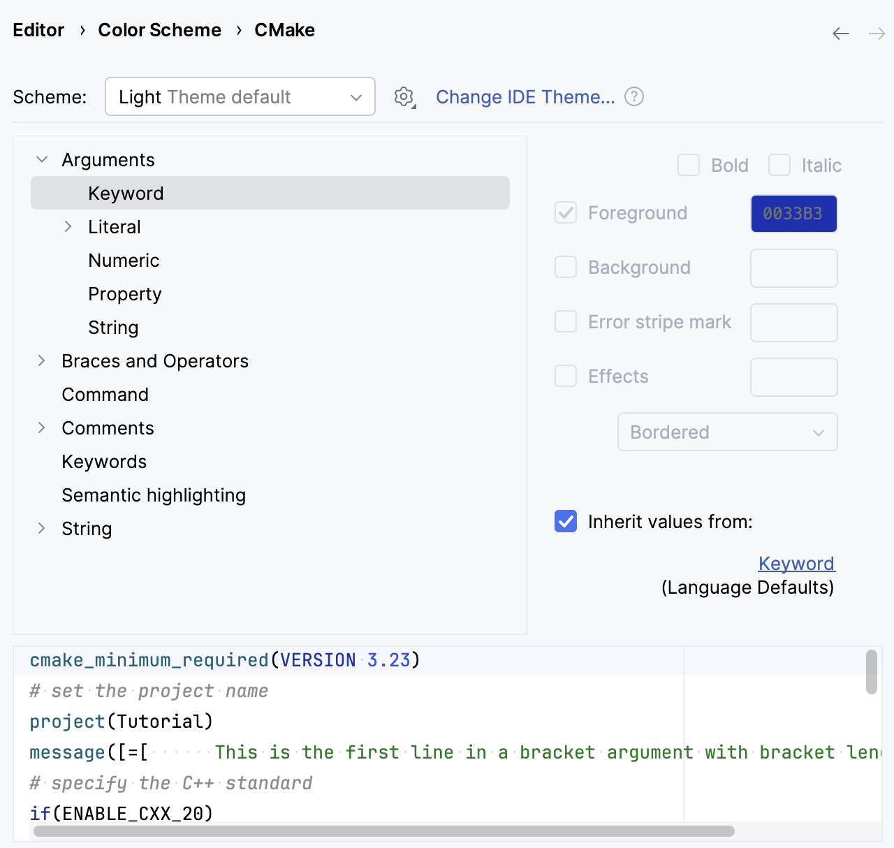 Color scheme settings for CMake Color scheme settings for CMake