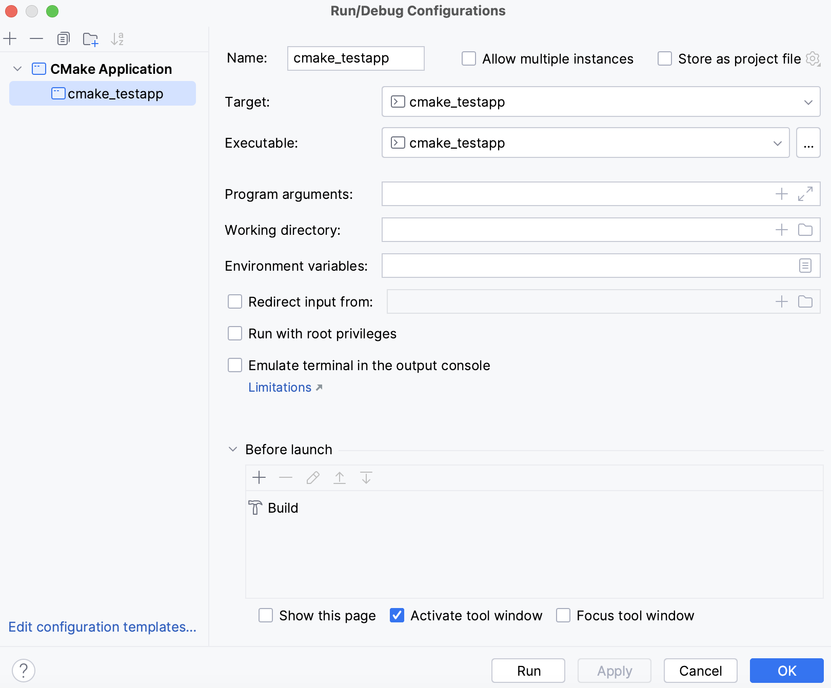 Details of the default configuration for a new CMake project Details of the default configuration for a new CMake project