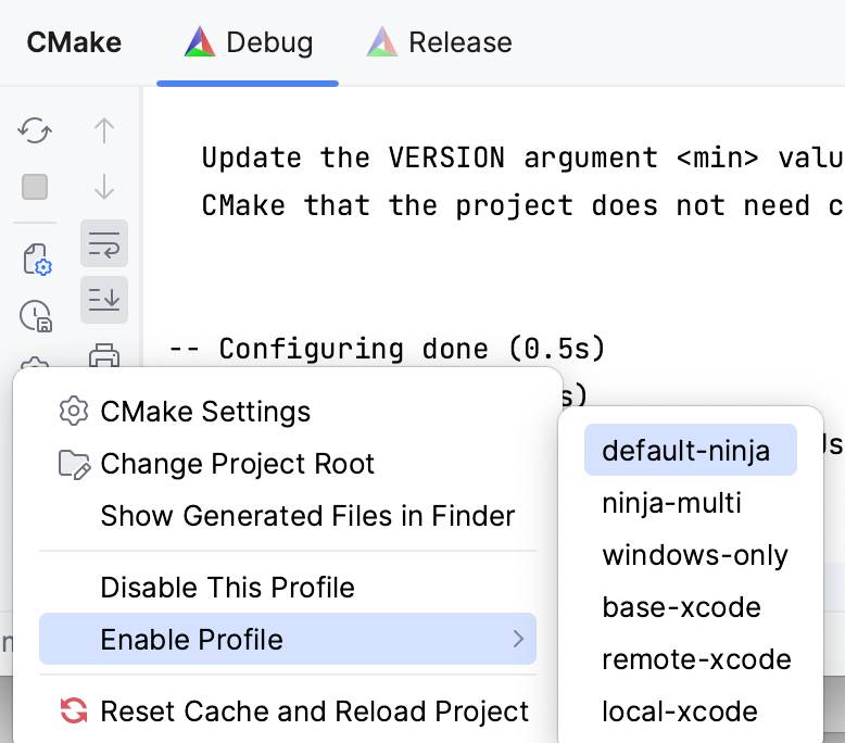从 CMake 工具窗口启用已禁用的配置文件 从 CMake 工具窗口启用已禁用的配置文件