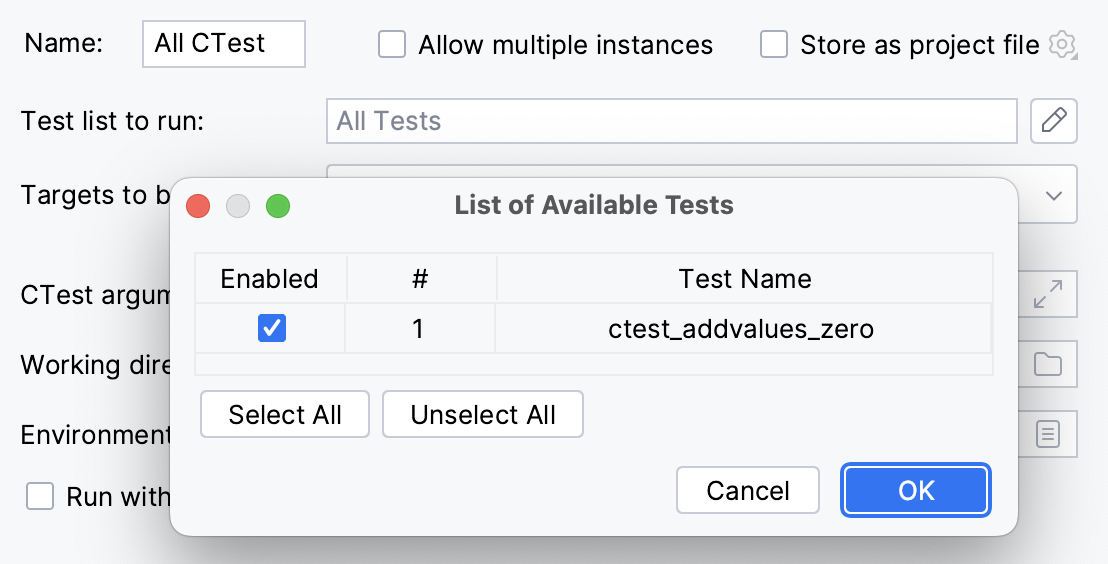List of the available tests in CTest configuration List of the available tests in CTest configuration
