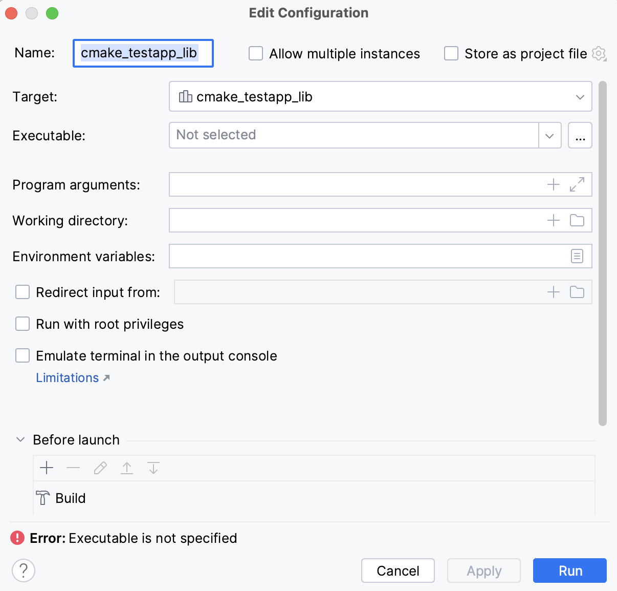 Executable not specified error Executable not specified error