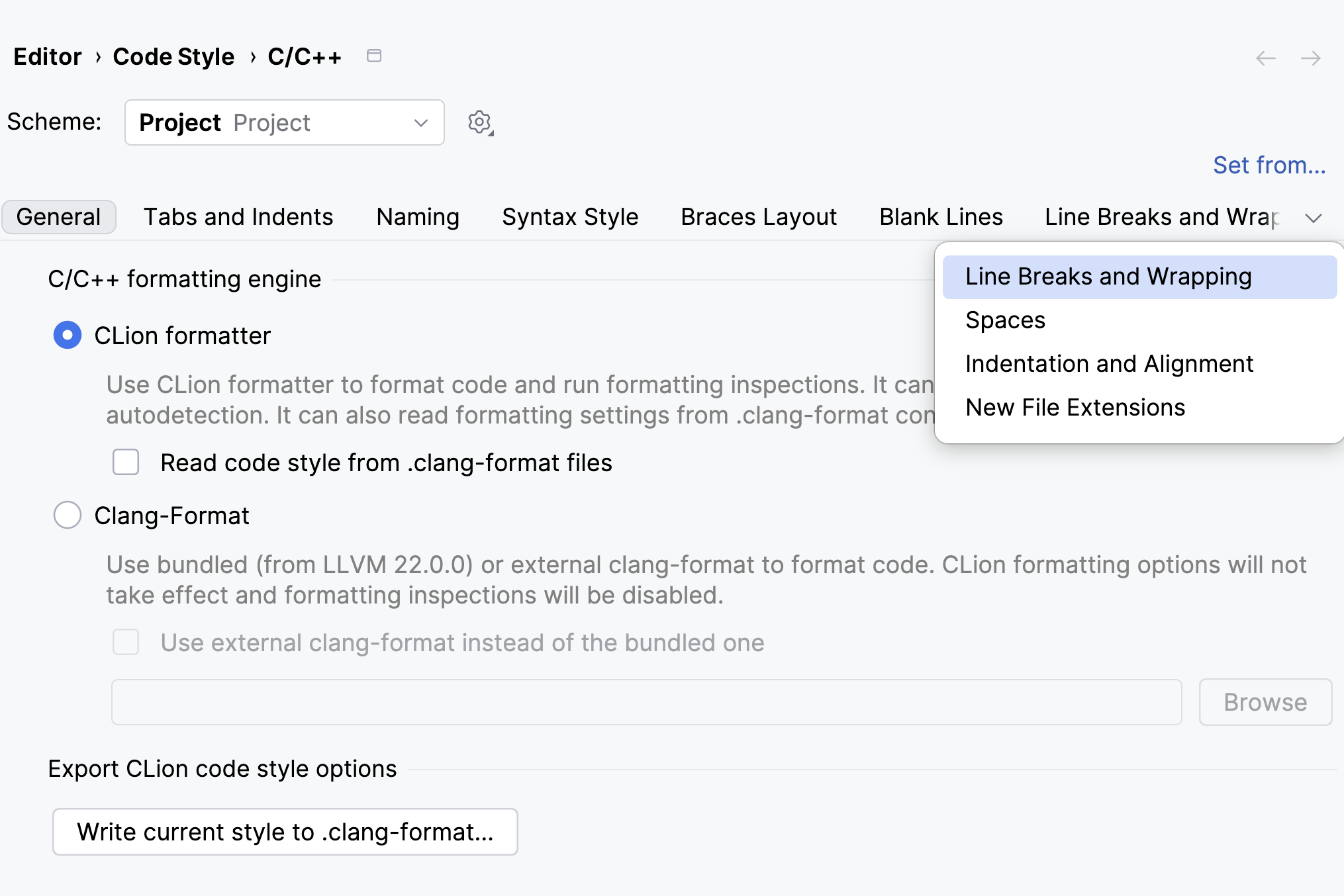 Code style settings for C and C++ in CLion Code style settings for C and C++ in CLion