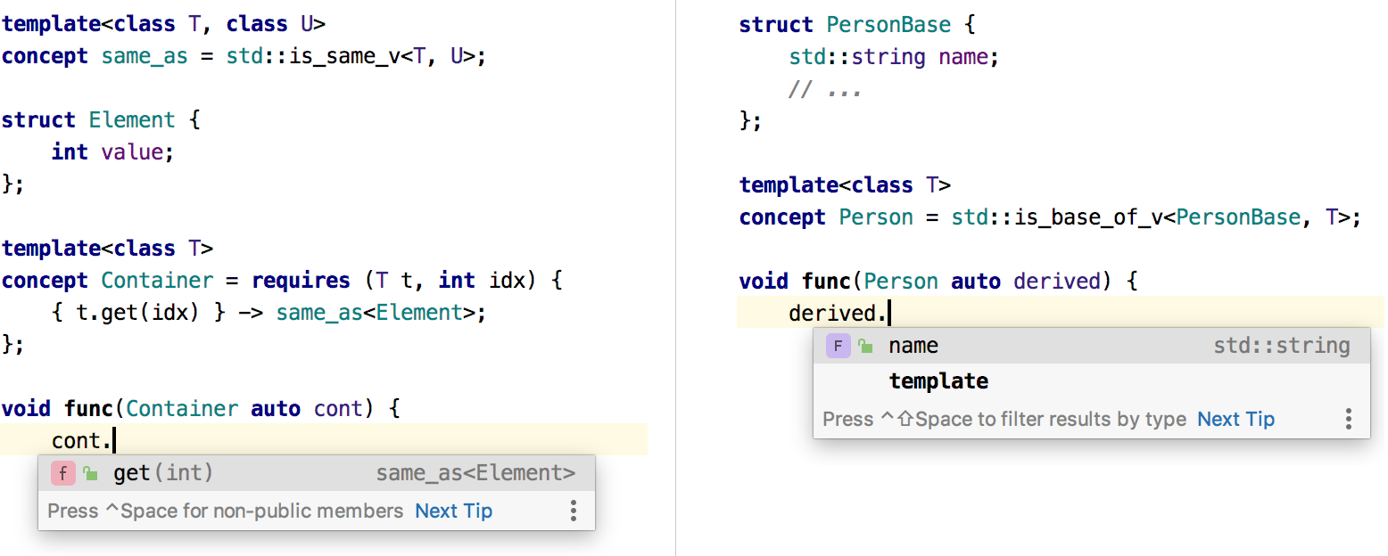 由 std::is_base_of 和 std::is_same 约束的类型的补全