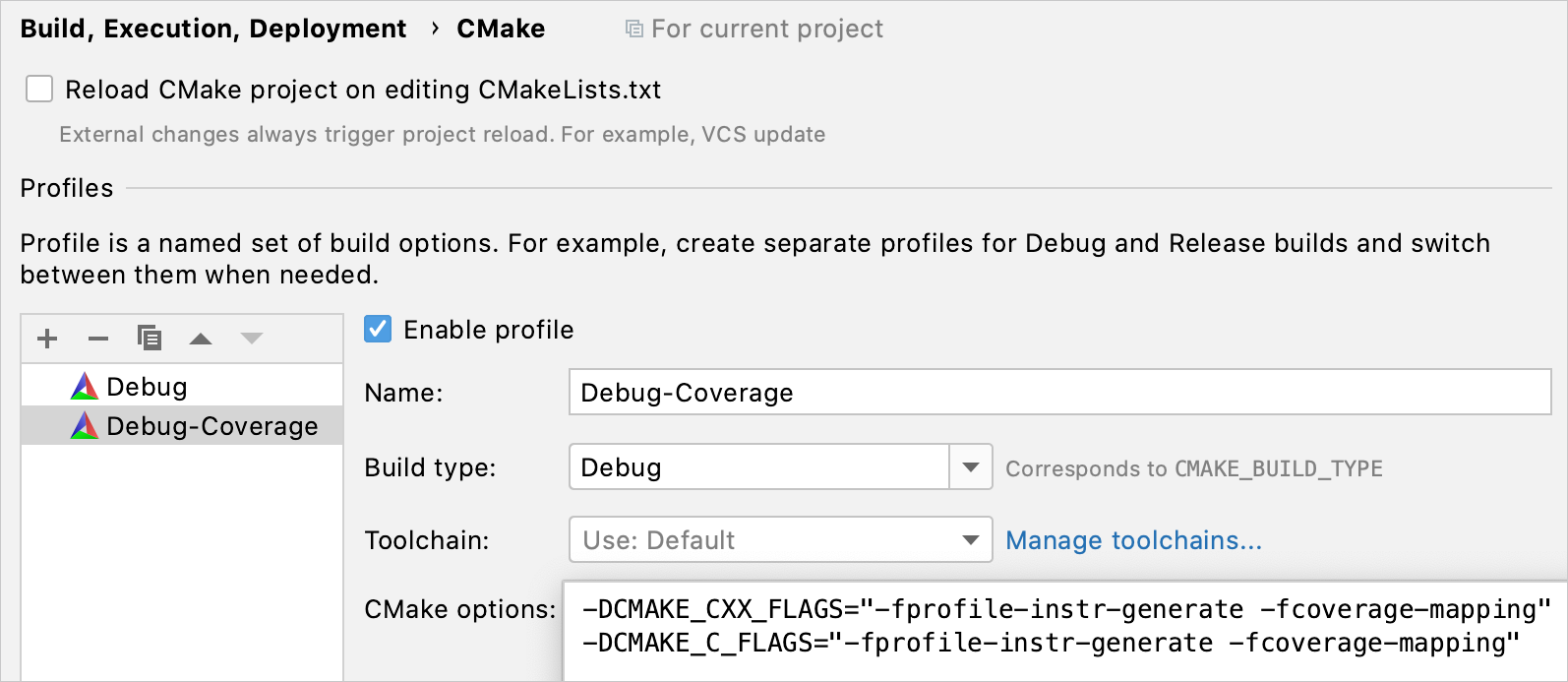 自动添加带有覆盖率标志的 CMake 配置文件 自动添加带有覆盖率标志的 CMake 配置文件