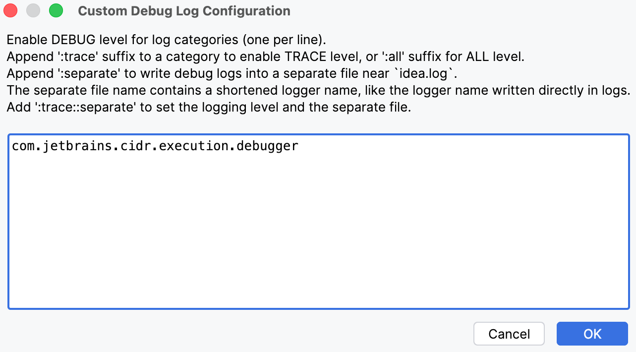 The Custom Debug Log Configuration dialog with the CLion debugger log category added on its own line.
