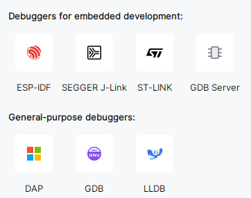 Debug profile creation tiles for embedded debuggers ESP-IDF, SEGGER J-Link, ST-LINK, GDB Server and general-purpose DAP, GDB, LLDB. Debug profile creation tiles for embedded debuggers ESP-IDF, SEGGER J-Link, ST-LINK, GDB Server and general-purpose DAP, GDB, LLDB.