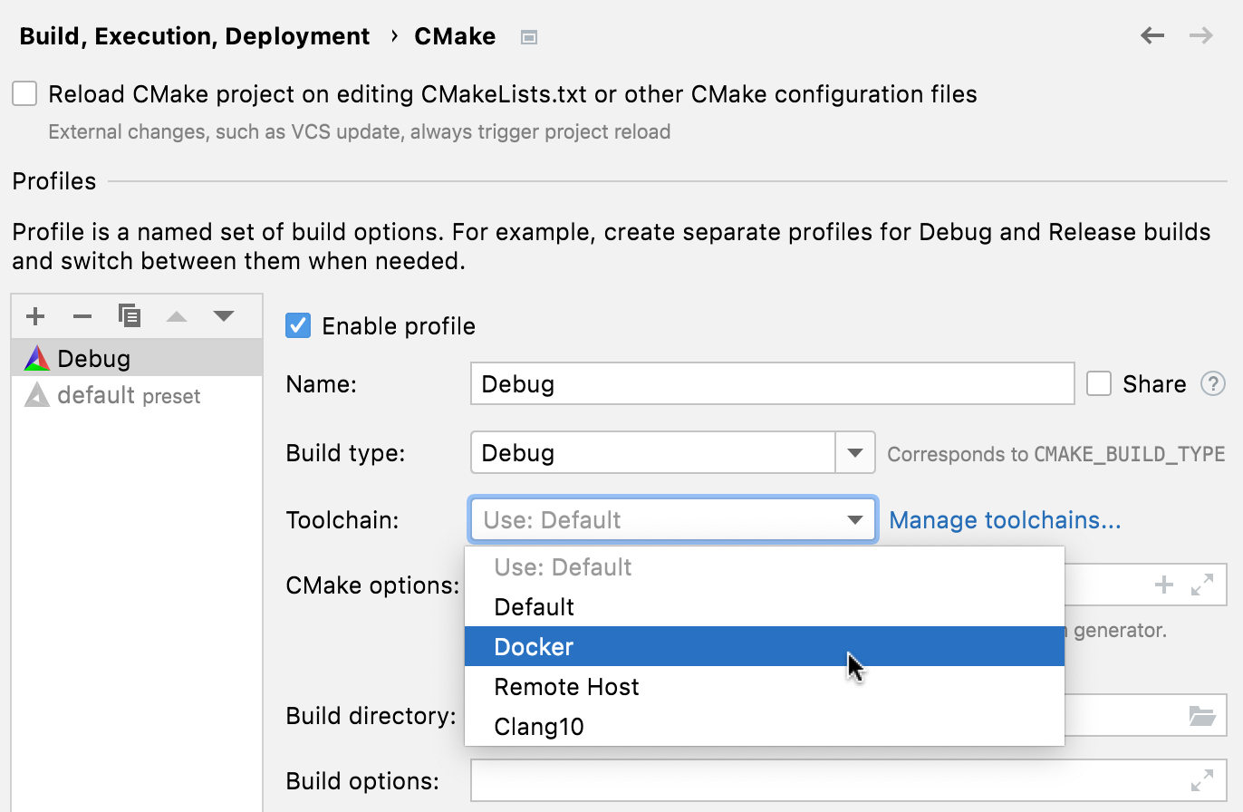 CMake 配置文件中的 Docker 工具链 CMake 配置文件中的 Docker 工具链