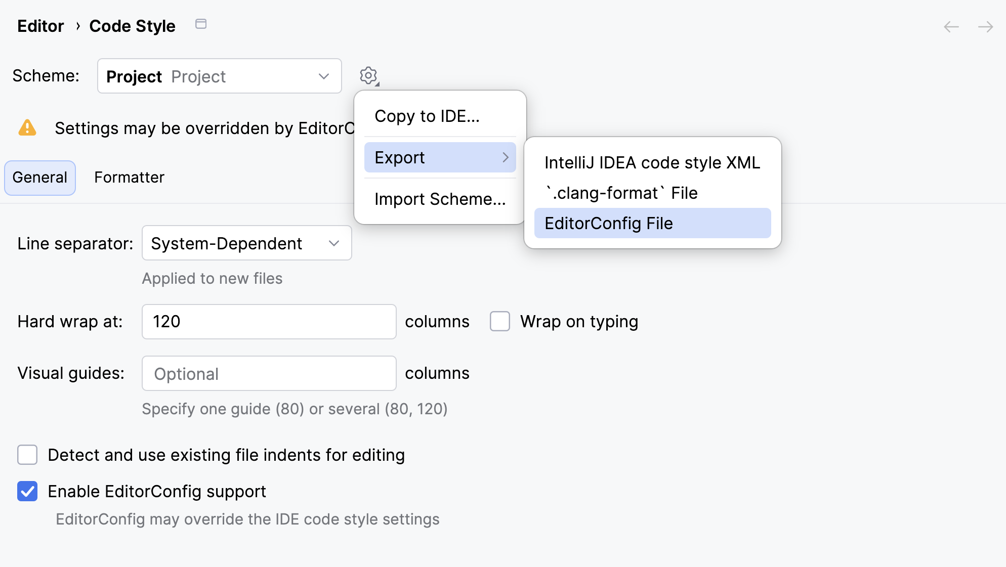 Exporting code style settings as .editorconfig file