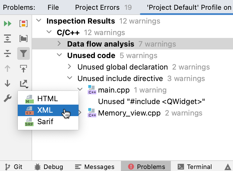“Inspection Results 工具窗口中的 Export 按钮” “Inspection Results 工具窗口中的 Export 按钮”