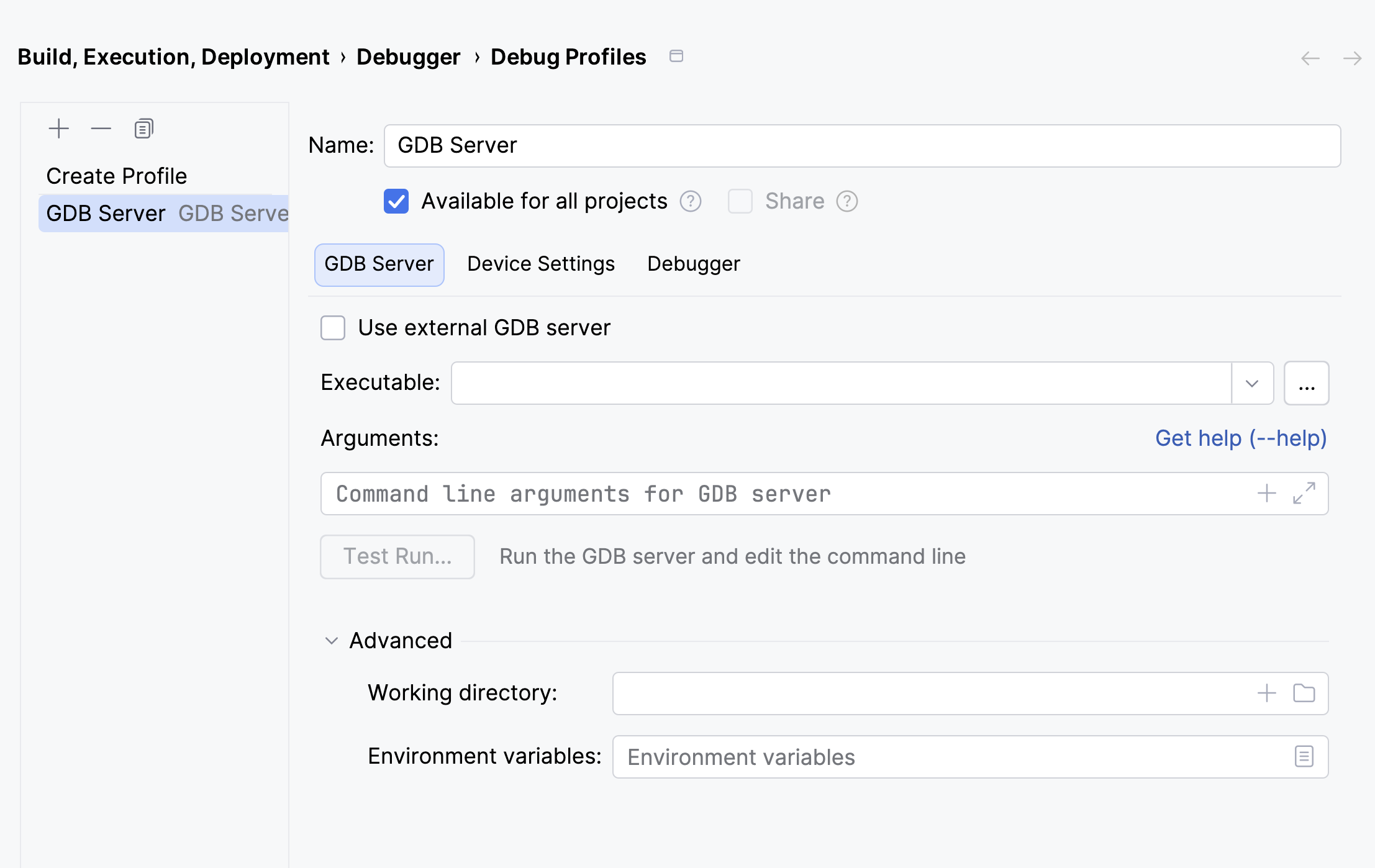 Configuring a generic debug server