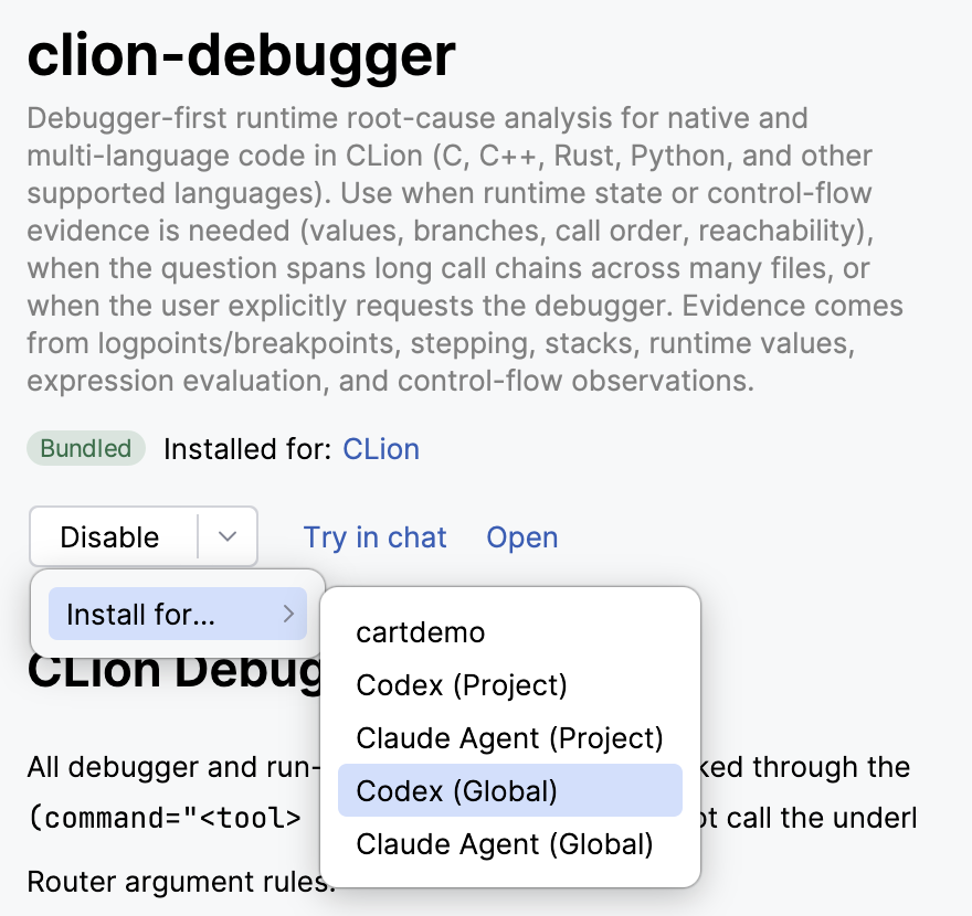 Install the clion-debugger skill for an external client Install the clion-debugger skill for an external client