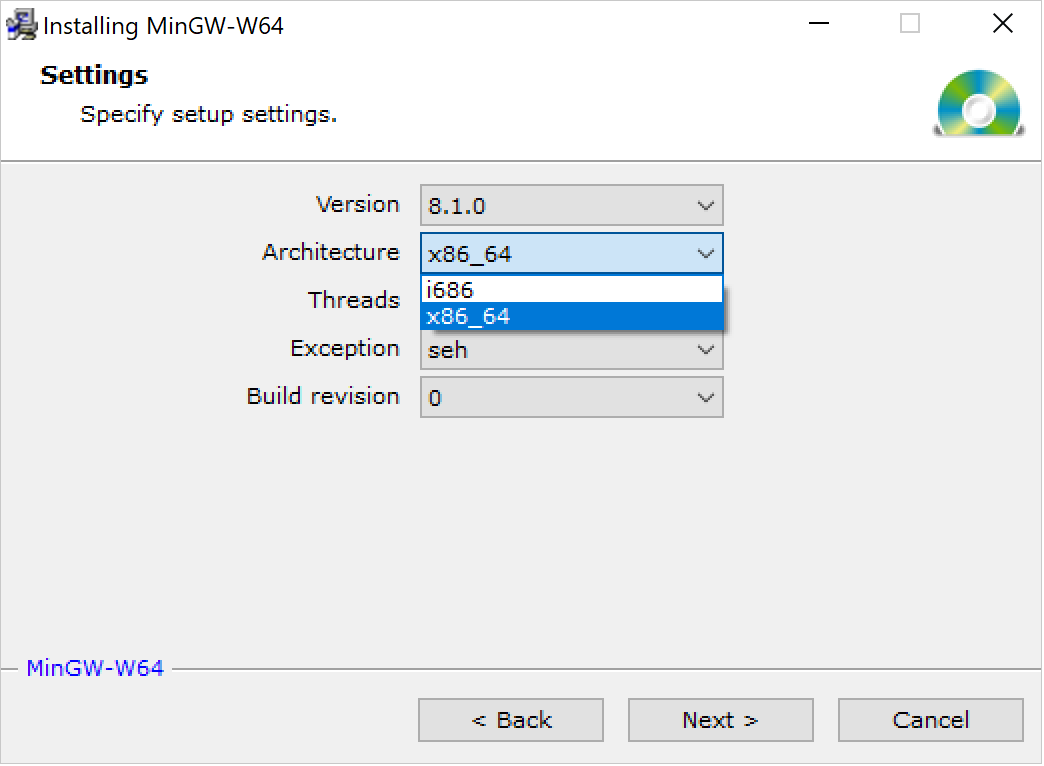 Selecting the 64-bit architecture for MinGW Selecting the 64-bit architecture for MinGW