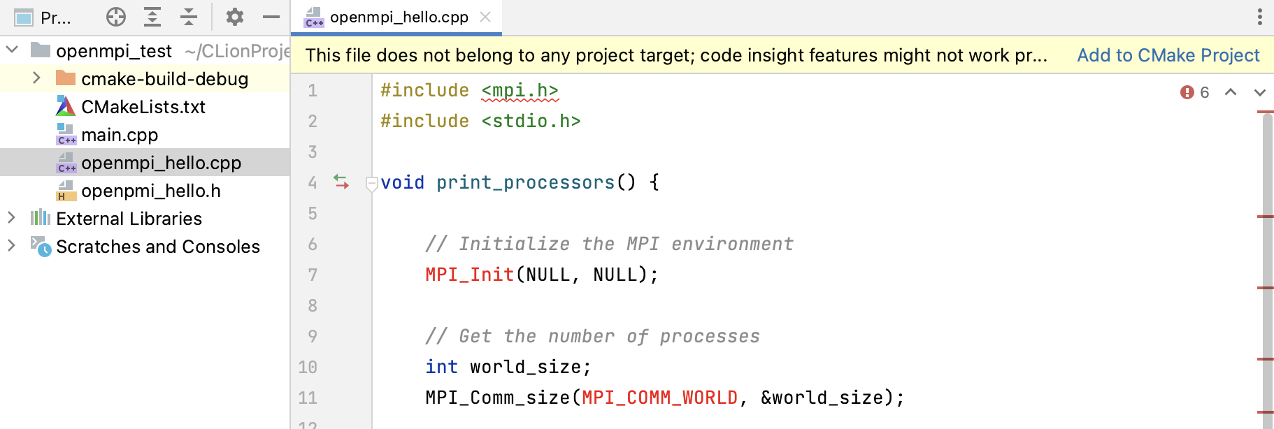 在添加到 CMakeLists.txt 之前,OpenMPI 文件无法被识别 在添加到 CMakeLists.txt 之前,OpenMPI 文件无法被识别