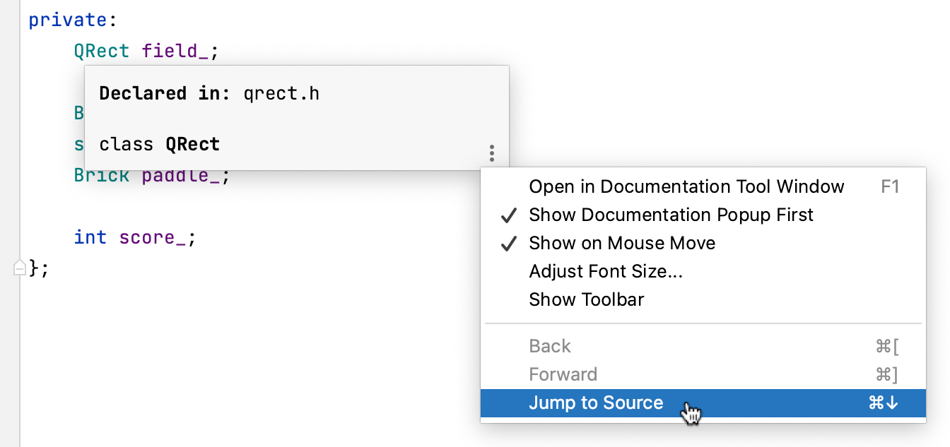 Jump to Source in the documentation popup Jump to Source in the documentation popup