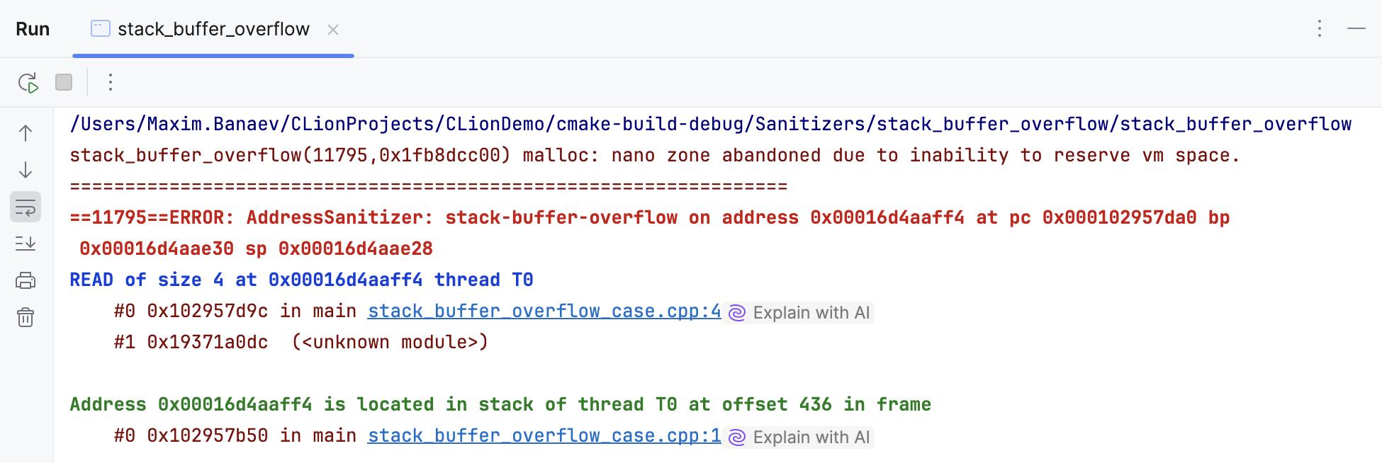 CLion Sanitizers plain output CLion Sanitizers plain output